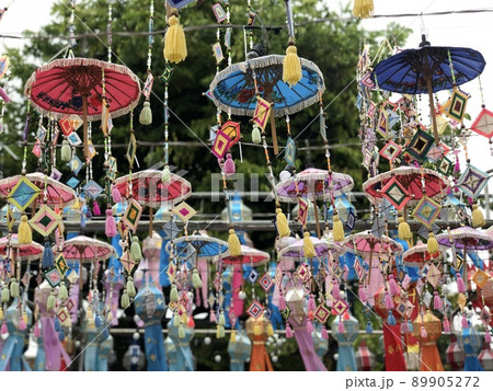 Scene of umbrella decorations commonly seen in Thailand. Out of focus. Scene of umbrella decorations commonly seen in Thailand. Out of focus. 89905272
