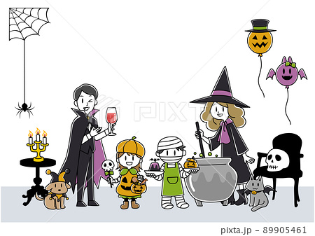 ハロウィン仮装をしてホームパーティーをする4人家族とペット（イヌ・ネコ）のイラスト 89905461