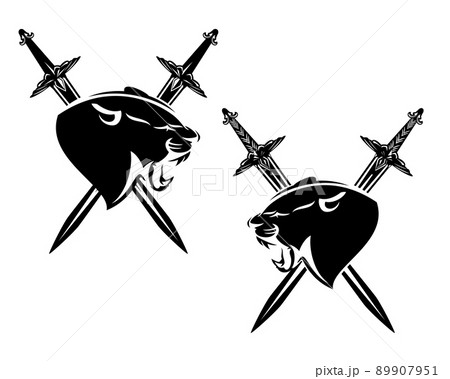 roaring panther cat and crossed swords black and white vector design set 89907951