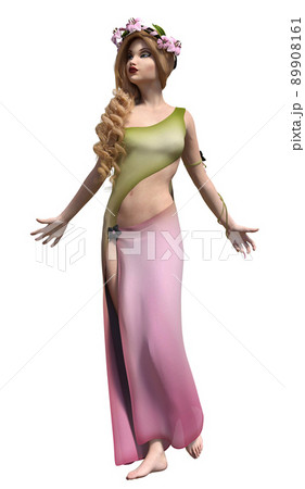 3D Blond nymph with pink lily wreath 89908161
