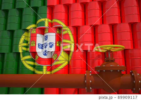 Barrels with painted flag of Portugal and oil transportation pipe. 3d rendering 89909117
