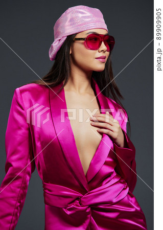 beautiful woman posing pink mini dress charm headscarf sunglasses studio model 89909905