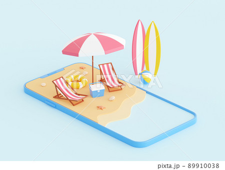 Summer beach vacation 3d render - cartoon sand island with umbrella and lounger on smartphone screen. 89910038