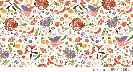 BBQ pattern. BBQ party seamless pattern. BBQ party food background. Summer picnic banner with barbecue grill, roasted sausages, tomatoes, vegetables, grilled fish. BBQ pattern. BBQ party seamless pattern. BBQ party food background. Summer picnic banner with barbecue grill, roasted sausages, tomatoes, vegetables, grilled fish. 89910607