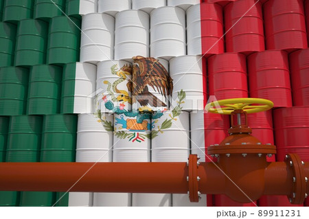 Many barrels with flag of Mexico and oil pipe. 3d rendering 89911231