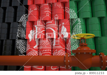 Many barrels with flag of Afghanistan and oil pipe. 3d rendering 89911233