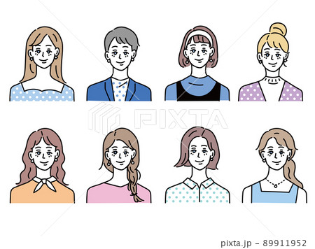 人物アイコンイラスト(女性、10代、20代、ファッション、髪型、若者、 顔パターン)  89911952