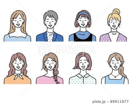人物アイコンイラスト(女性、10代、20代、ファッション、髪型、若者、 顔パターン)  89911977