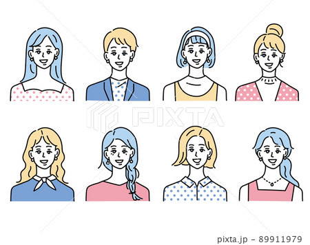 人物アイコンイラスト(女性、10代、20代、ファッション、髪型、若者、 顔パターン)  89911979