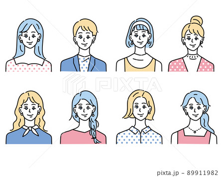 人物アイコンイラスト(女性、10代、20代、ファッション、髪型、若者、 顔パターン)  89911982