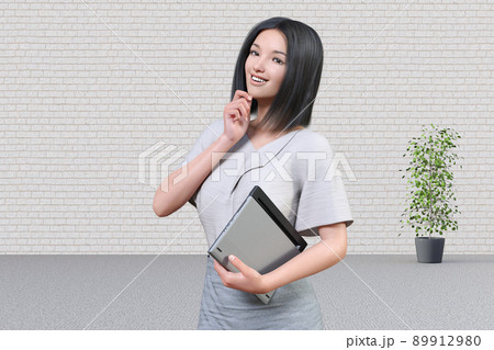 ノートパソコンを手に持ち、顎に手を添えて微笑む笑顔の綺麗な女性 ノートパソコンを手に持ち、顎に手を添えて微笑む笑顔の綺麗な女性 89912980