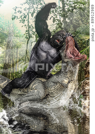 ジャングルの奥地にある浅い池で大きなティラノサウルスに巨大な黒い体毛の雄ゴリラが戦いの末最後の一撃を 89912989