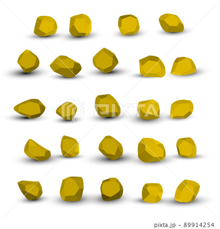 Cartoon stones. Rock stone isometric set. Yellow boulders, natural building block shapes, wall stones. 3d flat isolated illustration. Vector collection 89914254