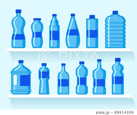 Plastic water bottle icon. Blue liquid container drink, bottle silhouette set. Water cartoon bottles 89914309