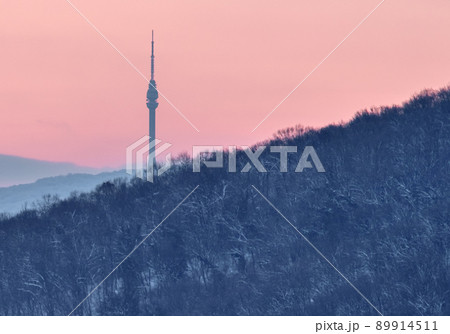Sunrise over Avala Tower in Avala mountain in Belgrade, Serbia 89914511