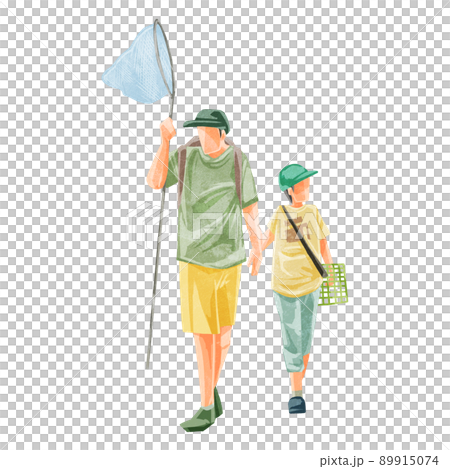 虫取りする親子の手描き水彩風イラスト 89915074