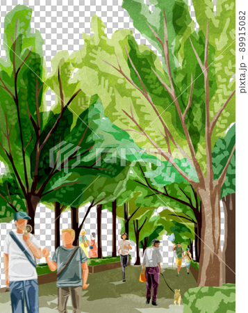 新緑の並木道を歩く人々の手描き水彩風イラスト 89915082