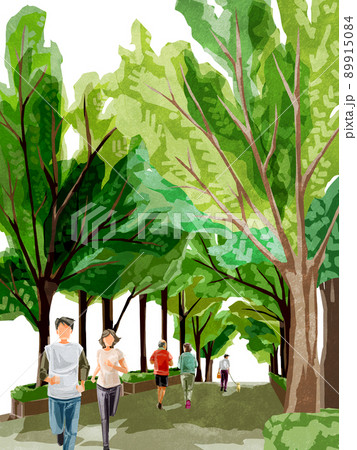新緑の並木道を歩く人々の手描き水彩風イラスト 89915084
