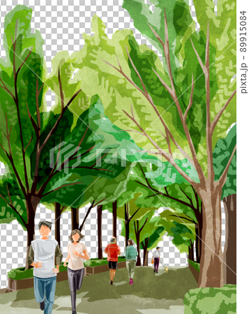 新緑の並木道を歩く人々の手描き水彩風イラスト 89915084