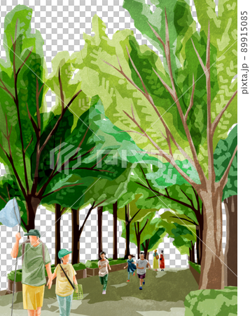 新緑の並木道を歩く人々の手描き水彩風イラストのイラスト素材 新緑の並木道を歩く人々の手描き水彩風イラストのイラスト素材