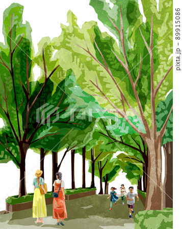 新緑の並木道を歩く人々の手描き水彩風イラスト 89915086