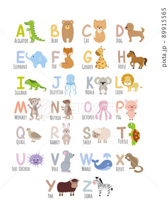 English alphabet for children with images of cute animals. Children's alphabet for learning letters. Vector of a cartoon character. Zoo and animals. 89915565