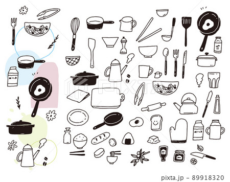 白黒 モノトーン 線画のイラスト 手書き オシャレ ファッション 可愛い カフェ 料理 クッキング のイラスト素材 91