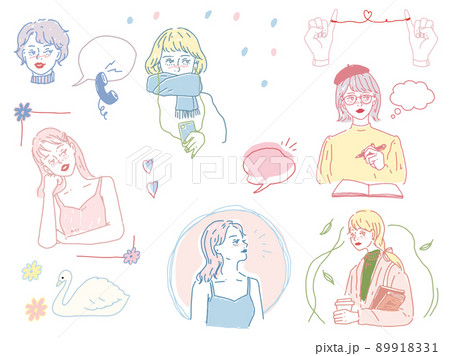 白黒、モノトーン、線画のイラスト(手書き、オシャレ、雑誌、ファッション、可愛い、人物、洋服) 89918331
