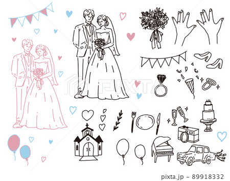 白黒、モノトーン、線画のイラスト(結婚式、カップル、夫婦、招待状、ウェルカムボード、指輪、新生活) 89918332