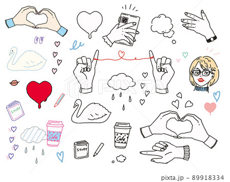 白黒、モノトーン、線画のイラスト:手書き、オシャレ、雑誌、ファッション、可愛い、人物、ハート、手 白黒、モノトーン、線画のイラスト:手書き、オシャレ、雑誌、ファッション、可愛い、人物、ハート、手 89918334