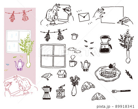 白黒、モノトーン、線画のイラスト(手書き、オシャレ、雑誌、ファッション、可愛い、カフェ、コーヒー) 89918341