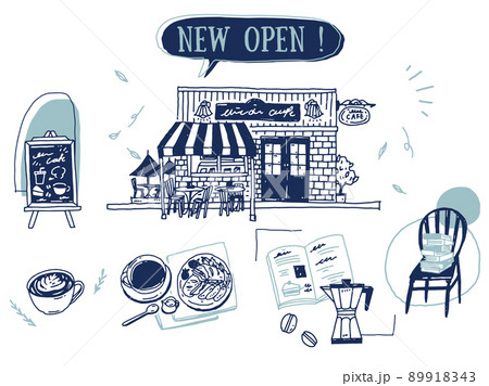 白黒 モノトーン 線画のイラスト 手書き オシャレ 雑誌 ファッション 可愛い カフェ コーヒー のイラスト素材 9143