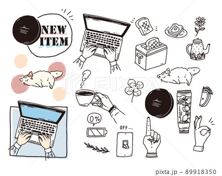 白黒、モノトーン、線画のイラスト:手書き、オシャレ、ファッション、可愛い、カフェ、コーヒー、パソコン 89918350