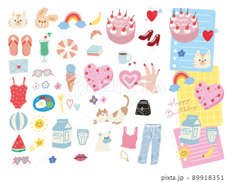 可愛い手書きイラスト(ファッション、夏、バカンス、虹、ハート、コスメ、猫、アイスクリーム、女の子) 89918351
