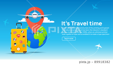 Travel tourism banner background. Luggage fun tour and bag, airplane travel design 89918382