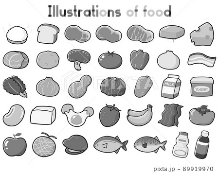 食べ物のイラストセット 白黒 のイラスト素材