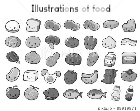 食べ物のキャラクターイラストセット（白黒） 89919971