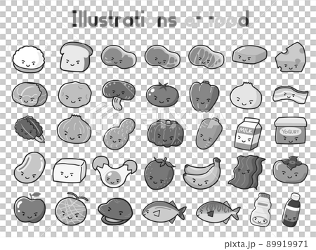 食べ物のキャラクターイラストセット（白黒） 89919971