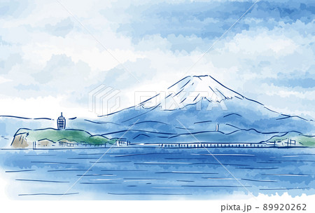 富士山と江ノ島の爽やかな水彩風風景イラスト 89920262
