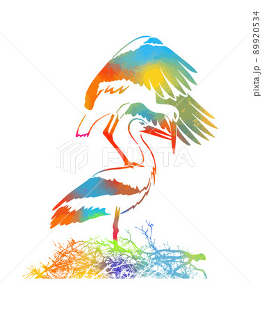 Vector background with a graphic colorful drawings of pairs of storks in the nest Vector background with a graphic colorful drawings of pairs of storks in the nest 89920534