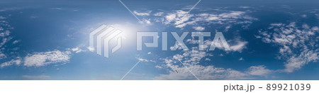 Blue sky panorama with Cirrus clouds. Seamless hdr 360 degree pano in spherical equirectangular format. Complete zenith for 3D visualization, game and sky replacement for aerial drone 360 panoramas. 89921039