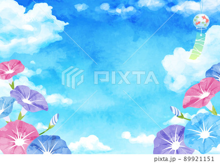 朝顔と雲と風鈴の夏のベクターイラスト水彩背景 89921151