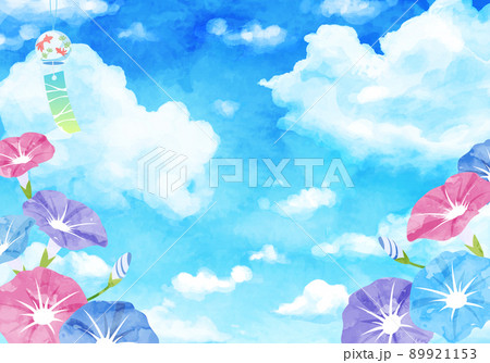 朝顔と雲と風鈴の夏のベクターイラスト水彩背景 朝顔と雲と風鈴の夏のベクターイラスト水彩背景 89921153