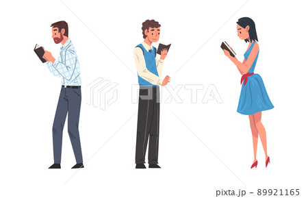 Male and female students or literature funs reading books cartoon vector illustration 89921165