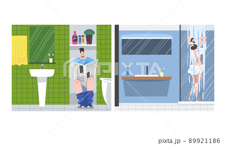 Everyday hygienic procedures set. Man sitting on toilet and reading newspaper, girl taking shower cartoon vector illustration. Everyday hygienic procedures set. Man sitting on toilet and reading newspaper, girl taking shower cartoon vector illustration. 89921186