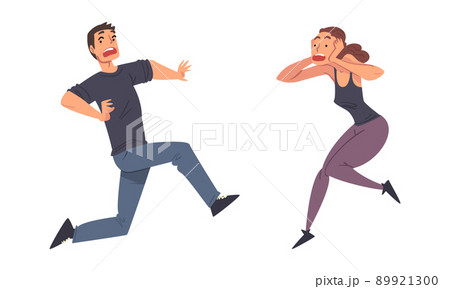 Frightened and panicked people set. Emotional stressed man and woman cartoon vector illustration Frightened and panicked people set. Emotional stressed man and woman cartoon vector illustration 89921300
