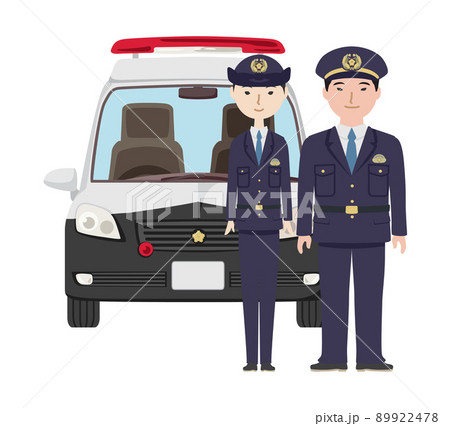 Male and Female Cop Standing Next to Police Car, Policeman and