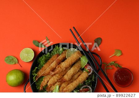 Concept of tasty food with deep-fried shrimp 89922627