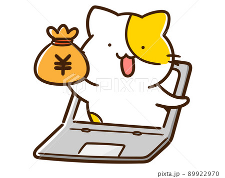 オンラインでお金の管理をするかわいいねこの手書き風イラストのイラスト素材