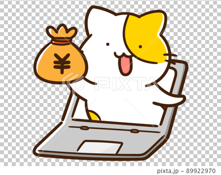 オンラインでお金の管理をするかわいいねこの手書き風イラストのイラスト素材